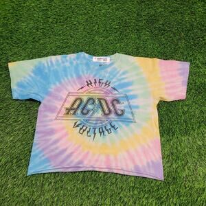 AC/DC High Voltage Pastel Tie-Dye Cropped T-Shirt Womens S/M Rock Tee